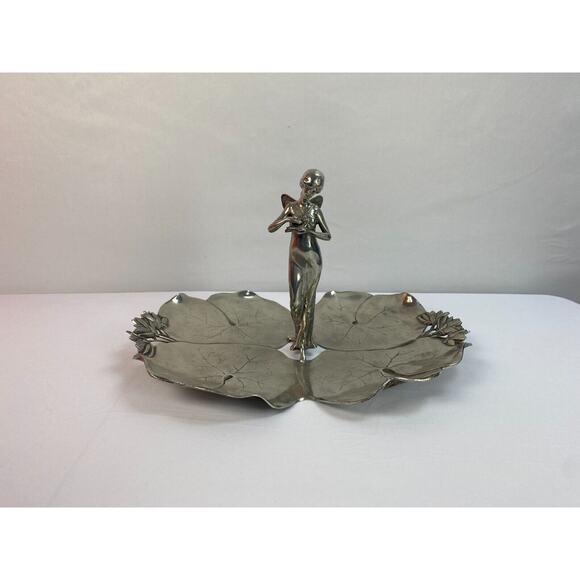 Antique Art Nouveau Pewter Fairy with Dove Lily Pads Sculpture Centerpiece Tray - Picture 2 of 12